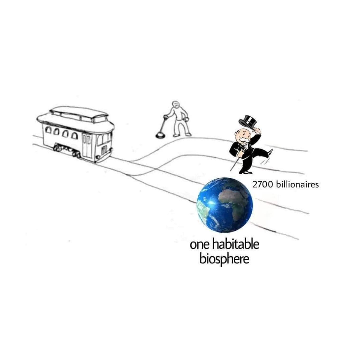 This meme is a humorous illustration of the concept of a "single person" (represented by a small, isolated figure) being connected to a massive, sprawling "ecosystem" (represented by a sprawling city) via a single, thin thread. The text "one habitable biosphere" appears above the small figure, emphasizing the idea that even a single individual has a significant impact on the environment.
